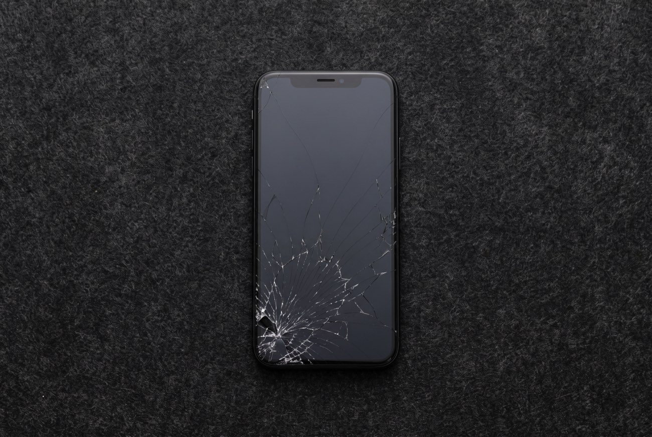Un celular con la pantalla muy estrellada, con las grietas saliendo de una esquina.