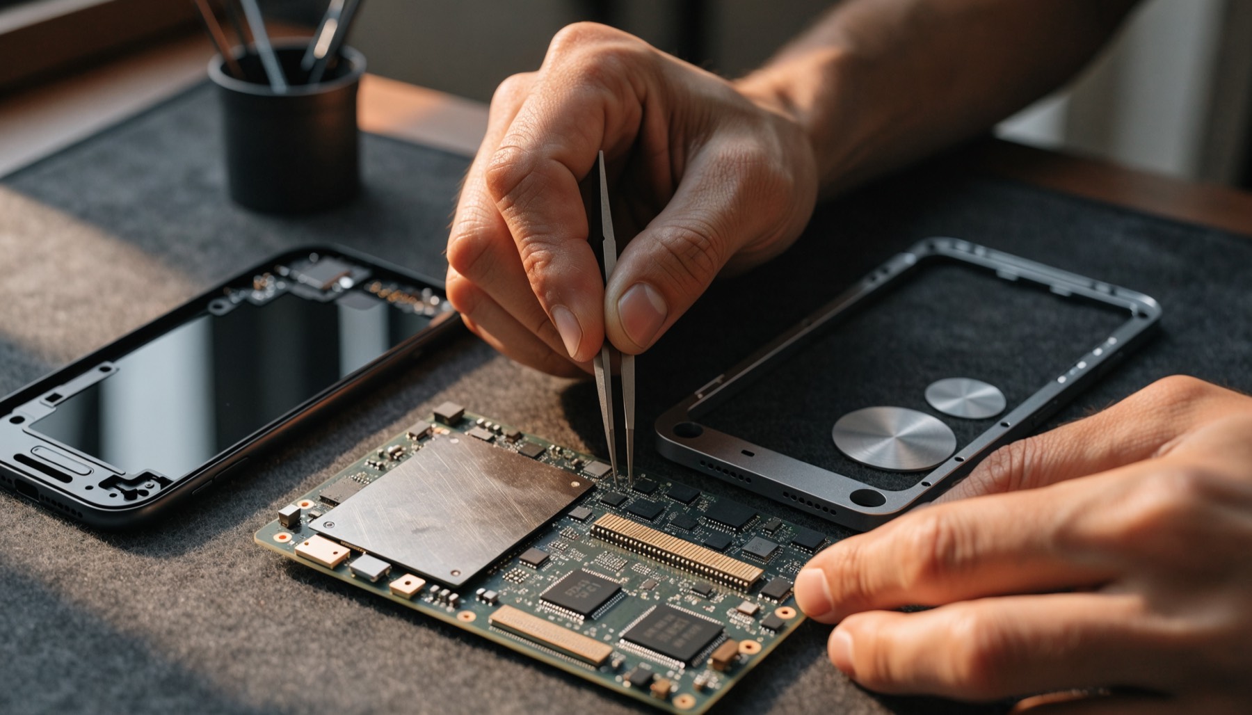 Un técnico trabajando en la placa de un celular con pinzas de precisión, con la pantalla y el marco sobre la mesa a un lado.